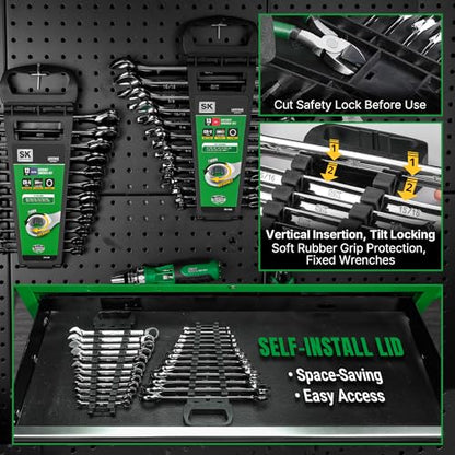 SK Ratcheting Wrench Set, Combination Wrench Set, 25-Piece, SAE 1/4" to 1", Metric 8 to 19mm, 72-Tooth, Premium CR-V Construction, with Rack Organizer - size: Metric&SAE