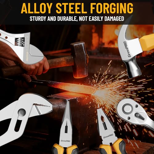 GRENPRO 218PCS Basic Auto Hand Tool Set Household Repair Tool Box Kit | Portable Tool Box, CR-V Steel, Complete Kit, Anti-Drop Slots, Household DIY, Auto Motorcycle, Home Garage For Men & Women - style: Yellow Hand Tool Set 218PC
