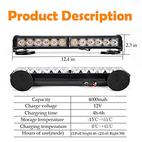 Wireless Amber White Magnetic Strobe Light Bar for Trucks | Rechargebale 12 LEDs,2 Flash Modes,Built-in Battery 4-20H Runtime,IP67 Waterproof,8 Magnets,12V Universal For Vehicles