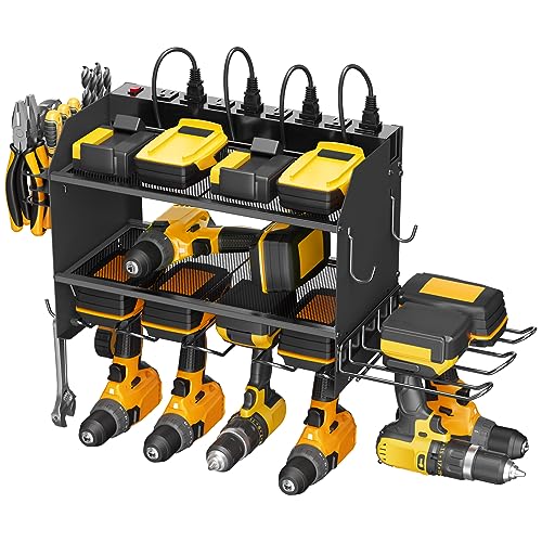 CCCEI Modular Power Tool Organizer Wall Mount Charging Station, Black 6 Drills Holder with 8 Plug Power Strip, Garage Drill Battery Heavy Duty Metal Shelf, Utility Rack with Hooks, Side Storage. - color: Black, size: 6FT Cord