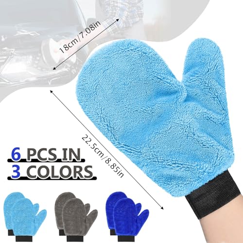 Teenyyou 6 Pcs Microfiber Dusting Mitt Car Wash Mitts Cleaning Glove with Thumb Reusable Terry Dusting Gloves with Elastic Wrist Cuff for Car Wheel Plants House Kitchen(Blue, Grey,8.85 x 7.08 Inch) - color: Blue, Grey, size: 8.85 x 7.08 Inch