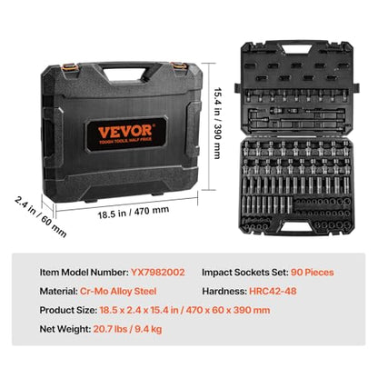 VEVOR Impact Socket Set 3/8" Drive, 90 PCS, CR-MO, SAE 1/4"-3/4" Metric 6-19mm, with Shallow & Deep Sockets, Swivel & E-Torx & Bit socket Sockets, Extension Bars, Adapters, Universal Joint - style: 3/8" 90PCS Swivel CR-MO