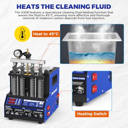 MRCARTOOL V308 Fuel Injector Cleaner Machine with Pulse Ultrasonic Cleaning | 2L Heated Cleaning Tank, 4 Cylinder Tests for Leaks, Uniform, Spray Pattern & Flow, Fixes Misfires Rough Idle for Cars motors - size: V308