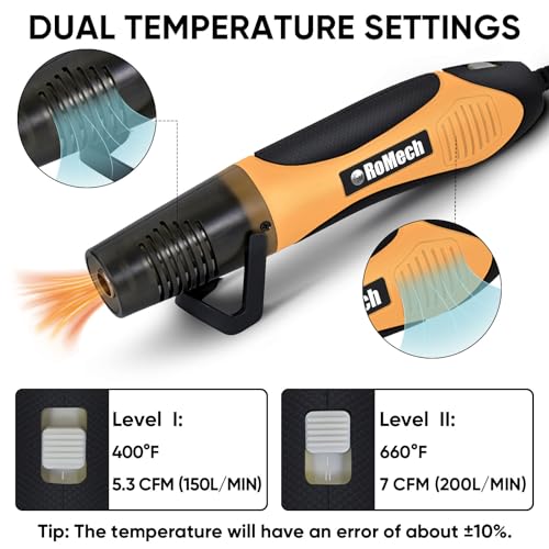 ROMECH 350W Heat Gun with 2 Nozzles, Dual Temp Heat Gun 400°F-660°F, Fast Heat Hot Air Gun with Overload Protection for DIY Craft Embossing Shrink Wrapping (Orange) - color: Orange
