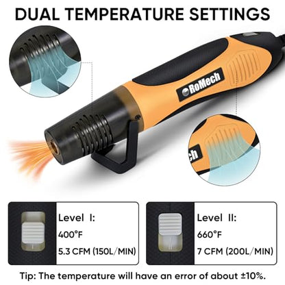 ROMECH 350W Heat Gun with 2 Nozzles, Dual Temp Heat Gun 400°F-660°F, Fast Heat Hot Air Gun with Overload Protection for DIY Craft Embossing Shrink Wrapping (Orange) - color: Orange