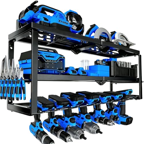 Heavy Duty Power Tool Organizer Wall Mount - 3 Tier Metal Tool Rack with 7 Drill Holders, 300LB Capacity for Garage, Workshop, Pegboard Storage - color: Without charging station, size: 3 Layer/7 Drill Holder