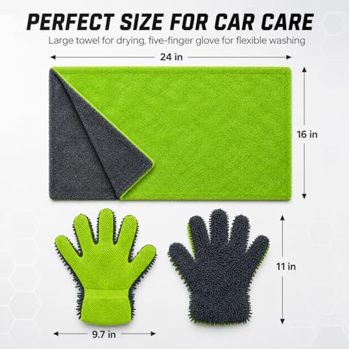 Microfiber Car Drying Towel & Chenille Wash Mitt Set, 1300 GSM 16 x 24 in Absorbent Auto Detailing Towel, Scratch-Free Car Wash Cloth and Mitt for Washing, Drying, Detailing, Gray Green