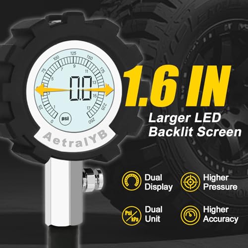 AetraIYB Digital Tire Pressure Gauge,3-200Psi,0.1PSI Resolution,1% Accuracy,Enlarged Backlit LCD Display, Upgraded Solid Brass,Rubber Hose, Tire Air Gauge 2pcs AAA Batteries Included,PSI/Kpa Units - size: 200PSI