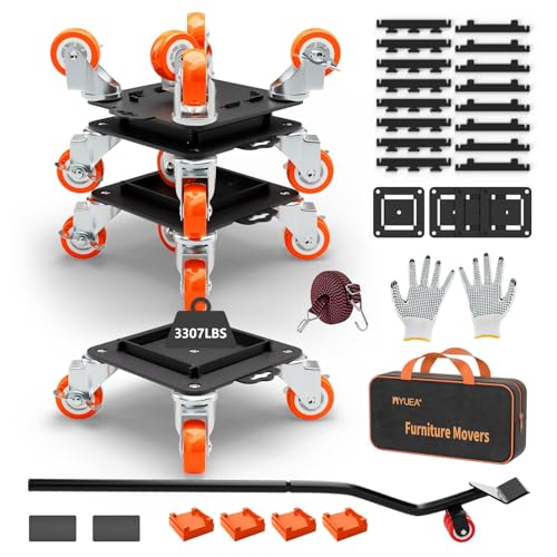 MYUEA Furniture Dolly 5 Wheels Heavy Duty with Removable Side Guards,3307 Lbs Capacity,360° Rotating Wheels & Side Brake,Furniture Movers Lifter Tool with Wheels for Appliances,Sofas,Beds,Pianos - color: Orange, size: 1.97 in wheels