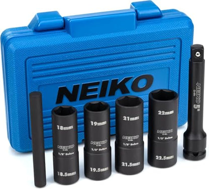 NEIKO 02290B Lug Nut Socket Set, 1/2” Impact Thin Wall Flip Socket Set, Half Size Wheel Socket Set, Metric 6 Point, 5" Extension Bar & Knockout Bar, 18.5mm, 19.5mm, 21.5mm, and 22.5mm - size: 6 Piece, Half Size Set, style: Flip Socket