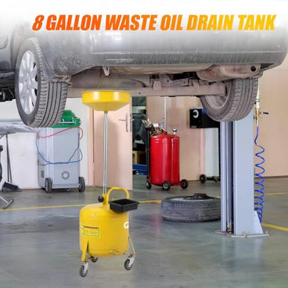 Garvee Oil Drain Container 8 Gallon, Portable Waste Oil Drain Tank, Air Operated Oil Drain Pan with Height-Adjustable Oil Drain Funnel, Oil Lift Drain for Auto Repair Shops, Garages, Yellow | Air Operated Drainer, Fluid Fuel Drainage, Adjustable Funnel He