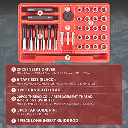 33PCS Glow Plug Thread Repair Kit, Thread Repair Tool Cylinder Head Metric Thread Restorer Kit Tap Insert Driver Guide Pin Thread Insert Tool Set Rethreading Kit Tool for 8mm/10mm/12mm Glow Plugs - size: 33PCS