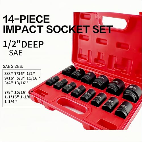 TONYNOL 1/2 Inch Shallow Drive Impact Socket Set,6-Point,SAE(3/8" to 1-1/4"),14 Pcs,Cr-Mo Steel,With a Storage Case - size: 1/2" 14PC Shallow SAE (9.5-32mm), style: 6-Points