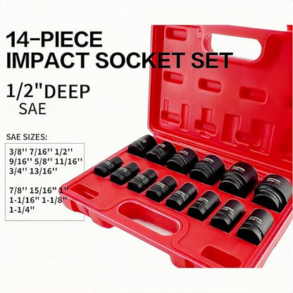 TONYNOL 1/2 Inch Shallow Drive Impact Socket Set,6-Point,SAE(3/8" to 1-1/4"),14 Pcs,Cr-Mo Steel,With a Storage Case - size: 1/2" 14PC Shallow SAE (9.5-32mm), style: 6-Points