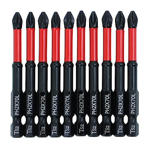 10 Pack PH2 Magnetic Anti-Slip Impact Driver Bits, 2-3/4 Inch | Long Phillips Bit with Anti-Slip Tip, Strong Magnetic Holding Impact-rated Durability Phillips #2 Bits for Impact Driver - size: Length:70mm