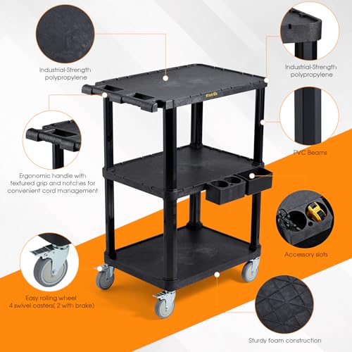 ELAFROS 3-Tier Heavy Duty Flat Top Rolling Utility Cart, 27.5 x 18.25 in | 330 lbs Capacity, Flat Top Shelves, Industrial Plastic, Swivel Wheels, Multipurpose Work Cart, Service Tool Organizer - style: Standard