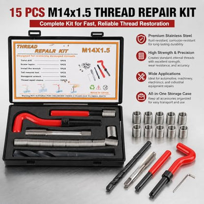 Thread Repair Kit M14x1.5 15 PCS Helicoil Insert Sleeves Stainless Steel Metric Female Thread Repairing Assortment Kit with Complete Tools for Auto and Machinery Repairing