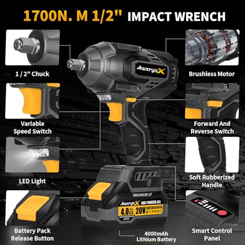 AwxryoX 1700Nm Impact Wrench, 20V 1254Ft-lbs Brushless Impact Gun with 2x4.0Ah Battery, 1/2" High Torque Pistola De Impacto with 6 Socket, Electric Impact Llave Driver for Truck/Mower/Car/Industrial