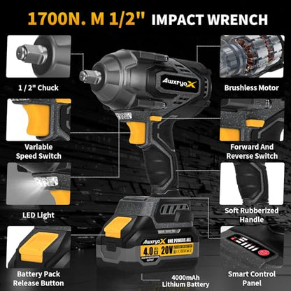 AwxryoX 1700Nm Impact Wrench, 20V 1254Ft-lbs Brushless Impact Gun with 2x4.0Ah Battery, 1/2" High Torque Pistola De Impacto with 6 Socket, Electric Impact Llave Driver for Truck/Mower/Car/Industrial