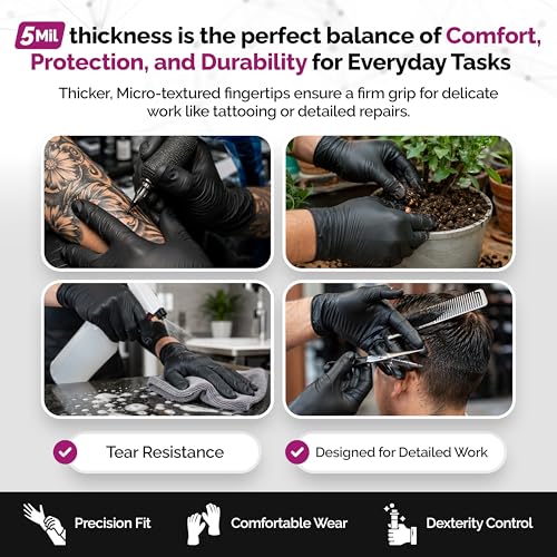 GripProtect Precise 5 Mil Black Nitrile Gloves – Chemical Resistant Nitrile Gloves with Textured Grip for Mechanics, Janitorial, Tattoo & Food Prep – Medical Grade Disposable Gloves, Large, 100 - size: L