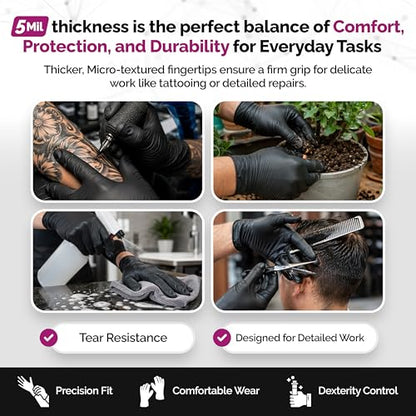 GripProtect Precise 5 Mil Black Nitrile Gloves – Chemical Resistant Nitrile Gloves with Textured Grip for Mechanics, Janitorial, Tattoo & Food Prep – Medical Grade Disposable Gloves, Medium, 100 - size: M