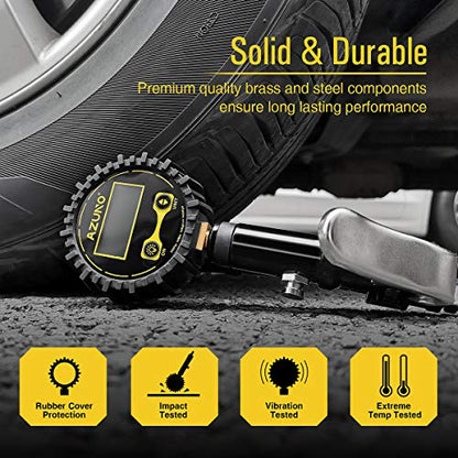 AZUNO Digital Bicycle Tire Inflator Gauge, Auto-Select Presta & Schrader | 200 PSI Digital Gauge, Auto-Select Valve, Air Compressor Ready, Brass Chuck, Rubber Hose, Oxford Storage Bag - size: Digital
