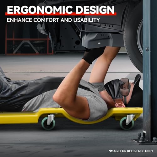Auto Dynasty 40 Inches Mechanic Creeper, Automotive Garage Repair Low Profile Under Car Rolling Creeper with Padded Headrest, Plastic, Yellow - color: Yellow, size: 40" L