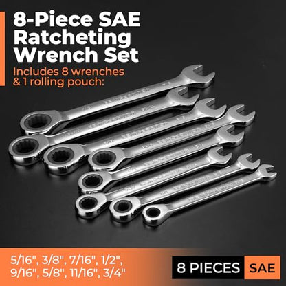 8-Piece SAE Ratcheting Combination Wrench Set, 72-Tooth, CR-V Steel | Mirror Polished, 12-Point Design, Rolling Pouch Included, Ideal for Domestic Automotive Repairs and Home Garage Projects - size: 5/16"-3/4"
