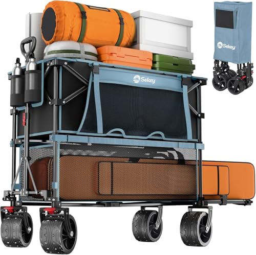 Sekey 500LBS Heavy Duty Double Decker Wagon with Extender, 400L Large Capacity Collapsible Garden Cart Fits 10x10 Canopy, All-Terrain Big Wheels with Brakes, Foldable Utility Wagon for Sports, Camping - color: Blue