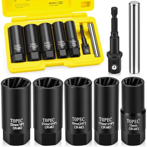 Topec Locking Lug Nut Removal Tool, 7-Piece Wheel Lock Removal Kit | 15,17,19,21,22MM Deep Lug Nut Extractor, 1/2" Drive Stripped Bolt Remover Socket Set - size: 7 PCS