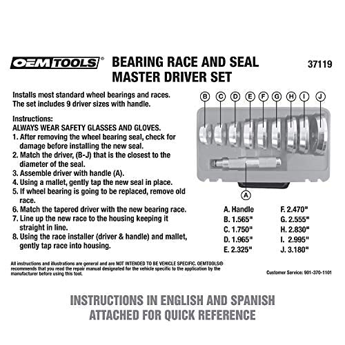 OEMTOOLS 37119 10 Piece Bearing and Race Installer Set, Seal Driver Set with 9 Discs, Master Seal Installation Tool, Bearing Installation Tool Set with Driver and Carrying Case - color: Green