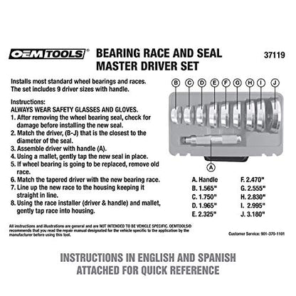 OEMTOOLS 37119 10 Piece Bearing and Race Installer Set, Seal Driver Set with 9 Discs, Master Seal Installation Tool, Bearing Installation Tool Set with Driver and Carrying Case - color: Green