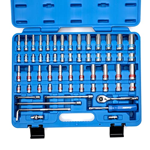 Neiko 02514A 1/4 Inch-Drive Ratchet and Small Socket Set, 58-Piece, Chrome Vanadium Steel, Multi-color - size: 1/4" Drive, style: SAE and Metric