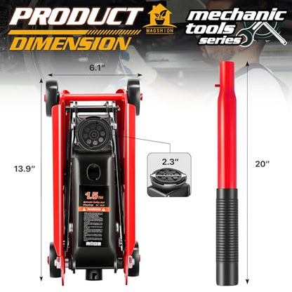 Magshion 1.5 Ton Low Profile Hydraulic Floor Jack, Heavy-Duty Steel Trolley Service Jack with Safety Valve, Swivel Casters, and Wide Saddle for Garage and Vehicle Maintenance, Red - color: Red