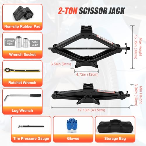 2 Ton Scissor Jack, Upgrade 4409 Lbs Car Jack Kit with 2 Rubber Pads, 10PCS Small Portable Car Jack Emergency Kit with Ratchet Wrench, Tire Repair Changing Kit for Vehicles SUV Sedan MPV UTV