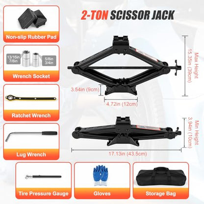 2 Ton Scissor Jack, Upgrade 4409 Lbs Car Jack Kit with 2 Rubber Pads, 10PCS Small Portable Car Jack Emergency Kit with Ratchet Wrench, Tire Repair Changing Kit for Vehicles SUV Sedan MPV UTV