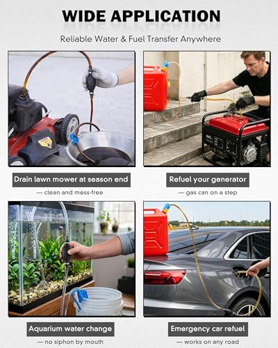 Gas Siphon Hose Pump, Manual Fuel Transfer Pump for Gasoline, Diesel, Water | Fast Flow Hand Syphon Pump w/ Thickened Hose, Portable Fluid Transfer Pump for Gas Can, Lawn Equipment, Emergency Refueling