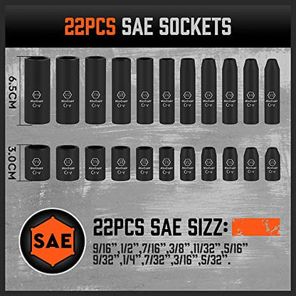 HORUSDY 56-Piece 1/4" Drive Impact Socket Set, Standard SAE (5/32 to 9/16 inch) and Metric (4-15mm) Size, 6 Point, Cr-V, 1/4-Inch Drive Ratchet Wrench, Drive Extension Bar, Impact Universal Joint - style: 56PC 1/4" Set + Ratchet