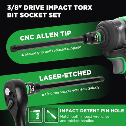 TecoTek 3/8" Drive Impact Torx Bit Socket Set, Extra Long Torx Socket, S2 Alloy Steel Star Bit Sockets, 24PCS Star Bit Set, T10-T60, 2in & 6in Long, CR-V & S2 Alloy Steel Set, Enhanced Storage Case - size: Torx Bit Socket