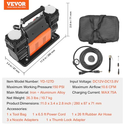 VEVOR 10.6 CFM Heavy Duty Air Compressor, 30s Fast Inflation | Dual-Cylinder Portable Tire Inflator, 12V 150PSI Offroad Air Pump with Adapters for Trucks Car SUV 4 x 4 Vehicle RV - style: 10.6CFM