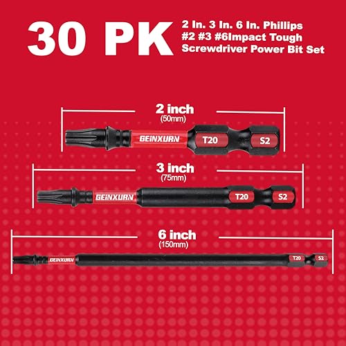 Geinxurn Impact Tough #2 Phillips Mixed 2/3/6 in. D2 Steel Long Extension Insert Driver Bits,30Pack 1/4 Inch Hex Shank Long Cross Magnetic PH2 Screwdriver Bits Set - size: MIXED-PHD2-30PCS