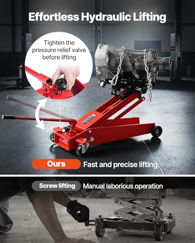 VEVOR Adjustable Floor Transmission Jack 1000 LBS Low Profile Hydraulic Transmission Telescoping Heavy-Duty Lift Jack 6.3-25.2 in Lifting Height, 360° Swivel Front Wheels - size: 1000 lbs