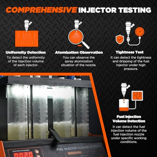 Fuel Injector Cleaner Tester Machine，4-Cylinder Ultrasonic Heating Cleaning | 4 Test Functions, 9 Test Modes, 2000ml Cleaning Tank, 110V Fuel System Injection Cleaning Kit for 12V Gas Car & Motorcycle