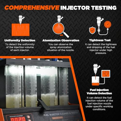 Fuel Injector Cleaner Tester Machine，4-Cylinder Ultrasonic Heating Cleaning | 4 Test Functions, 9 Test Modes, 2000ml Cleaning Tank, 110V Fuel System Injection Cleaning Kit for 12V Gas Car & Motorcycle
