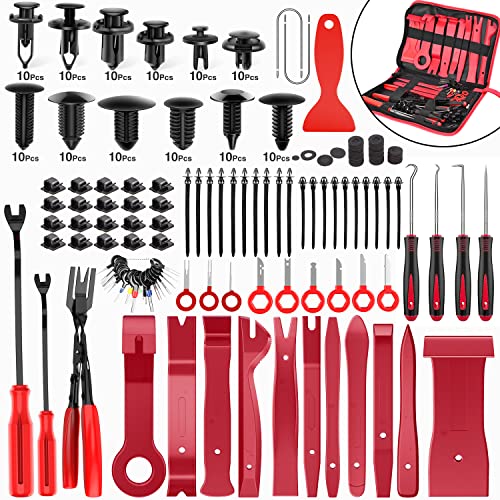 Nilight 238Pcs Trim Removal Tool, Auto Push Pin Bumper Retainer Clip Set Fastener Terminal Remover Tool Adhesive Cable Clips Kit Car Panel Radio Removal Auto Clip Pliers - color: 238 Clips+ Remover Tools Red