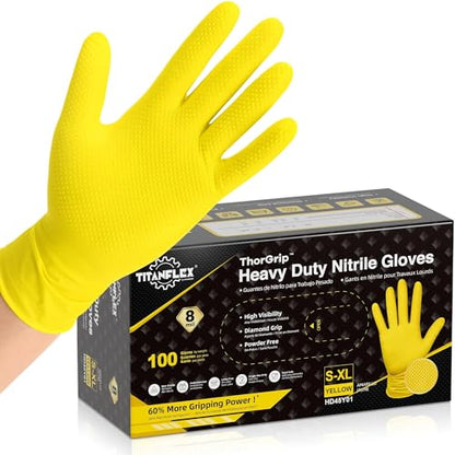 TitanFlex Heavy Duty Industrial Nitrile Gloves with Raised Diamond Texture, 8-mil, Latex Free (Green/Dark Green/Yellow) - color: 08 Yellow (100ct), size: Medium