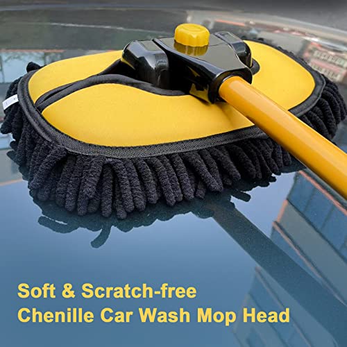 YeewayVeh Car Wash Brush Mop with Long Handle, 55" Car Wash Brush with 2 Replaceable Microfiber Mop Heads, 15° Curved Extension Pole Auto Cleaning Wash Kit for Truck SUV RV Camper, Yellow | Extra Microfiber Mop Head, Extension Pole, Scratch-Free Auto Clea