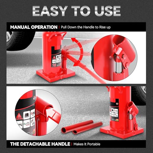 Auto Dynasty 16 Ton Hydraulic Bottle Jack, Automotive Welded Bottle Jack for Car, Pickup Truck, RV, Auto Repair, 9" to 18" Lifting Range (Red) - color: Red, size: 16 Ton