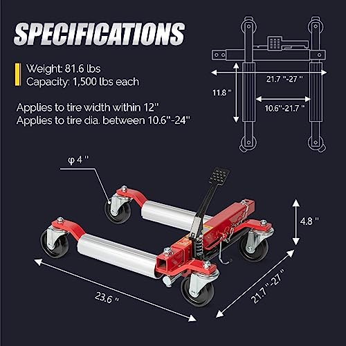 TUFFIOM Car Wheel Dolly Jack Set of 2, Hydraulic 3000-lbs Car Skates, 12'' Wheel Vehicle Positioning Jack, Heavy Duty Rollers with Foot Pedal for Tire Auto Repair Moving, Red - color: Red, Set of 2
