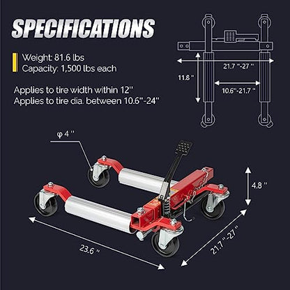 TUFFIOM Car Wheel Dolly Jack Set of 2, Hydraulic 3000-lbs Car Skates, 12'' Wheel Vehicle Positioning Jack, Heavy Duty Rollers with Foot Pedal for Tire Auto Repair Moving, Red - color: Red, Set of 2